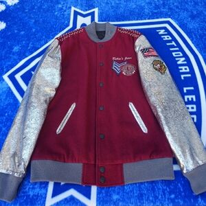 RARE Robin's Jean Varsity Jacket Men's M Chief Patch Silver Leather Sleeves